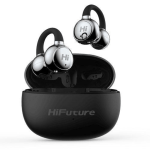 HiFuture true wireless earbuds with a glossy chrome finish in an open black charging case, earbuds suspended above the case.