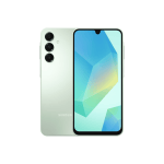 Samsung Galaxy smartphone in light green with triple rear cameras and a colorful front display visible on the screen edge.