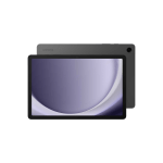 Samsung tablet shown from front and back: black-framed display with purple wallpaper and a gray back panel with a rear camera in the corner