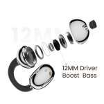 Exploded view of a headphone with 12mm driver, showing internal components and wireless-style ear cups for boosted bass.