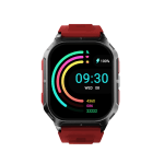 Red-banded smartwatch displaying colorful activity rings and the time 09:30 on a black screen (WED 08).