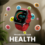 Smartwatch with a red band surrounded by colorful health icons, promoting health and wellness.