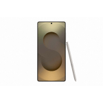 Smartphone shown in portrait with a centered front camera and a silver stylus resting to the right side.]