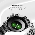 Wristwatch back with a green glow on the sensors and 'Powered By Syntra AI' text above.