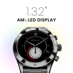 Watch advertisement showing a metal wristwatch with black dial and a subdial, highlighting a 1.32" AMOLED display with a colorful glow behind.