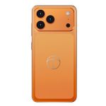 Orange smartphone back with a triple camera module in the top-left corner and a circular logo on the lower back panel.