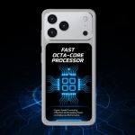 Back of a smartphone showing a triple-camera module with a promo screen that reads 'FAST OCTA-CORE PROCESSOR' and a glowing blue chip graphic.