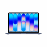 Open laptop displaying a bright blue–purple abstract wallpaper on a white background nearby a clean setup edge.