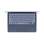 Top-down view of a blue laptop showing the keyboard and large trackpad.