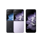 Set of three Xiaomi smartphones: two back views in black and lavender, and a front view with purple flower wallpaper.