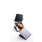 Stack of compact square smartphones in black and lavender finishes, with one open showing a woman's portrait on the screen