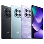 Lineup of Redmi smartphones in black, blue, lavender, and purple with visible quad-camera modules.