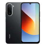 Front-right and rear-left view of a black smartphone; large vertical camera module on the back with 13MP AI Camera text, and an edge-to-edge display on the right.