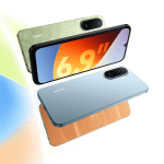 Diagonal display of Redmi smartphones in green, blue, and orange finishes, showing rear camera module and REDMI logo on patterned backs.