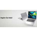 Laptops from the Acer Aspire Go Intel line floating on a light gray studio background, showing open and closed devices with colorful screens (advertisement).