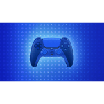 Blue PlayStation controller shown from the front against a blue gradient background with triangle, circle, square, and cross symbols patterned across the scene.