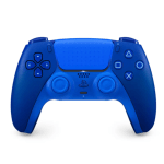Close-up of a blue PlayStation controller showing the D-pad, face buttons (triangle, circle, cross, square) and part of the grips, cropped at the bottom edge