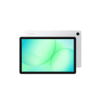 Samsung tablet shown from the front with a teal-green abstract wallpaper on the screen and a white back panel with camera outline visible behind it.