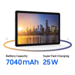 Tablet displaying a city skyline at sunset; highlights 7040mAh battery and 25W fast charging.