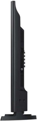 Side view of a slim flat-screen TV on a black stand, showing its thin profile.