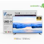 Boxed 4K UHD Android TV device with VKView branding; TV screen shows a snowy lake landscape; Apple Home/AirPlay badges below.