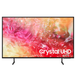 Crystal UHD flat-screen TV on a black frame with two angled stands, displaying a colorful abstract background and the text Crystal UHD on screen.