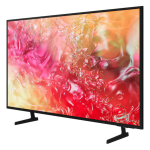 Flat-screen TV with a black frame on a two-prong stand, displaying a vibrant abstract image in pinks, reds, and oranges.