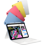 Colorful lineup of iPads in blue, pink, yellow, and white with a detachable white keyboard and vibrant screen artwork on display.