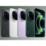 Five smartphones lined up in a color assortment (dark gray, white, lavender, green) with camera bumps visible from the back, display at right show screen.