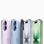 Multiple iPhones in pastel colors lined up side by side, rear views with triple cameras visible in purple, blue, black, white, and green hues.