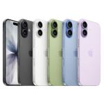 Row of iPhones in various colors (black, white, green, blue, purple) showing triple-camera backs and Apple logo, from left to right.