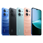 Row of Redmi smartphones in blue, black, mint, peach, and blue-front finishes, shown diagonally with camera modules visible on the back and a front notch on the rightmost device; color variety emphasized.