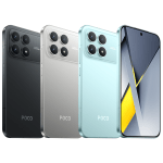 Four Poco smartphones shown from the back in black, silver, light blue, and turquoise, highlighting their triple-camera rear modules and slim edges.