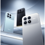Three Poco smartphones with prominent quad-camera modules in blue, black, and white finishes on a curved gradient backdrop.