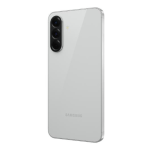 Rear view of a silver Samsung smartphone showing a triple-camera module in the top-left corner on a plain background