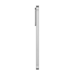 Vertical close-up of a slim metal ruler standing upright against a white background.