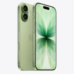 Close-up of a green smartphone showing its dual rear cameras and edge-to-edge display on the front screen