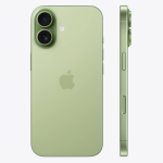 Green iPhone back with dual-camera module and Apple logo visible; side view shows buttons on right edge.