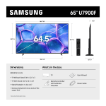 Samsung 65” U7900F spec diagram showing TV dimensions and included items: remote, user manual, power cable.