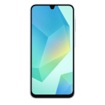 Front view of a modern smartphone with rounded edges and a small notch at the top, displaying a geometric blue‑green wallpaper.
